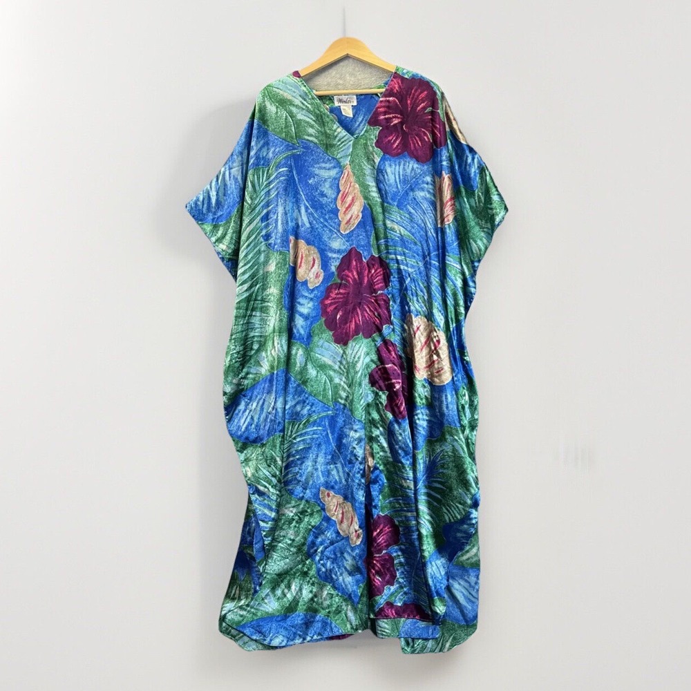 Winlar Vintage Kaftan Dress OS L XL Floral Tropical Plants Satin Housedress Blue